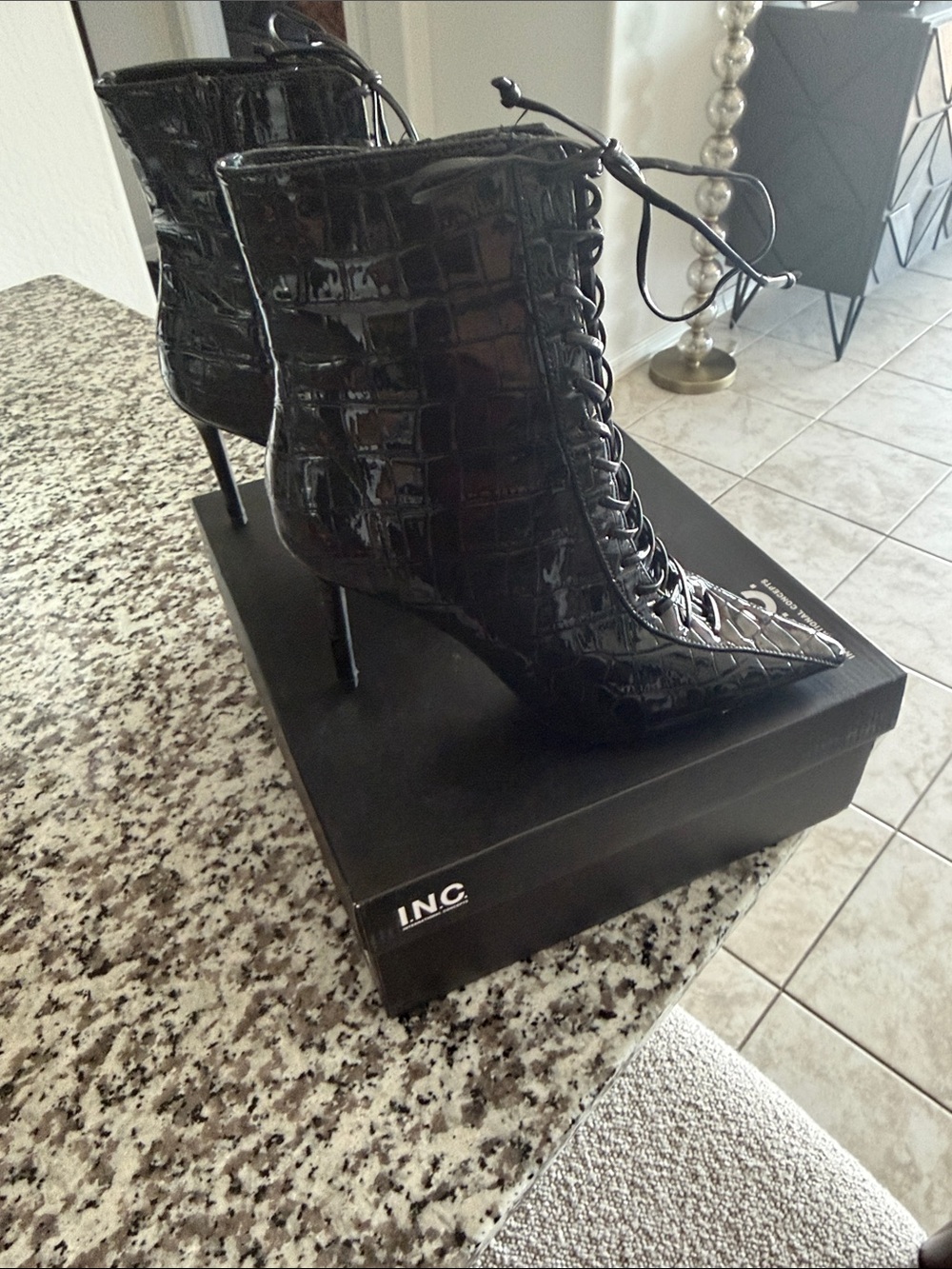 INC International Concepts Black Patent Croc Lace-Up Stiletto Ankle Boots